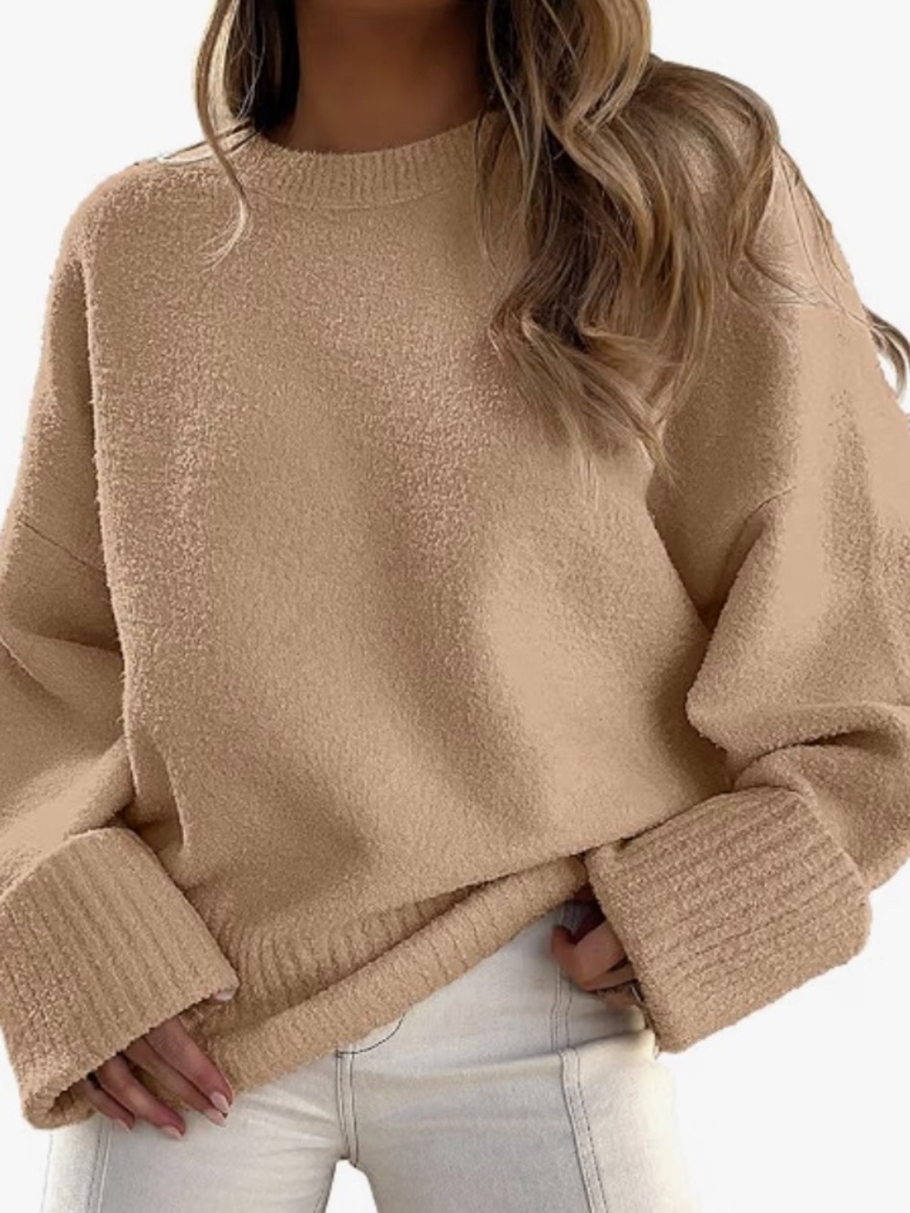 Cozy Camel Crewneck Sweater plus Distressed Leather Purse